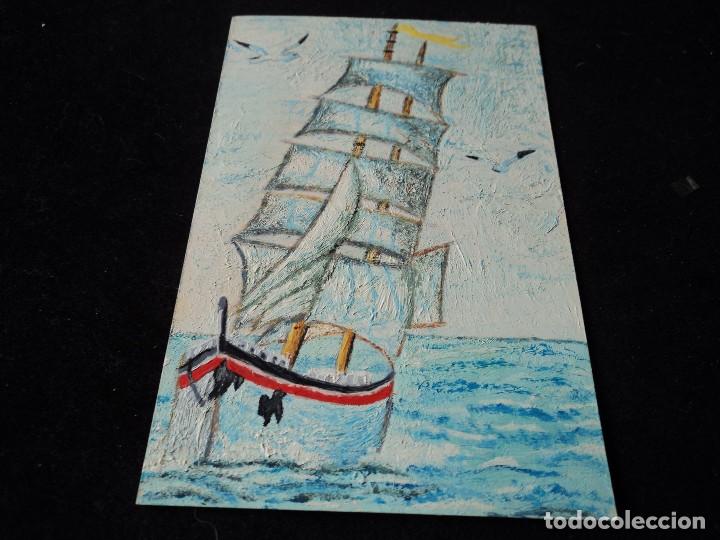 Arte: pintura de velero sobre carton tama&ntilde;o postal felicitacion navide&ntilde;a 1993 firmado c. punti?