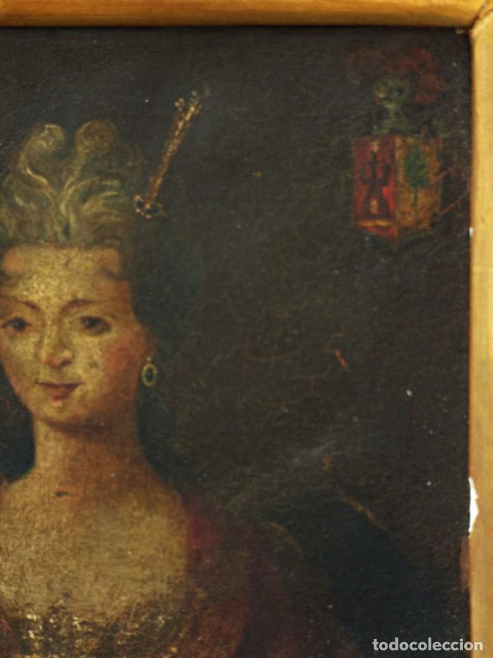 Arte: DAMA DE LA NOBLEZA CON ESCUDO NOBILIARIO. OLEO SOBRE COBRE S. XVII
