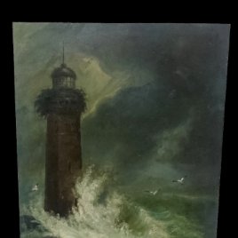 Antiguo óleo sobre tabla de cerezo. Faro en el mar. Pintura especial. Siglo XIX. 42x31x2 cm