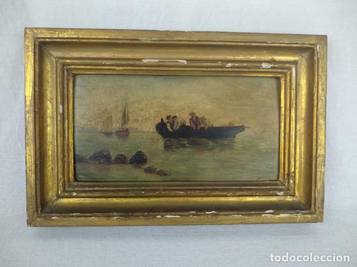 Arte: PAISAJE MARINO- PESCADORES FAENANDO - OLEO SOBRE TABLA FIRMADO - MARCO DE LA ÉPOCA EN MADERA DORADO