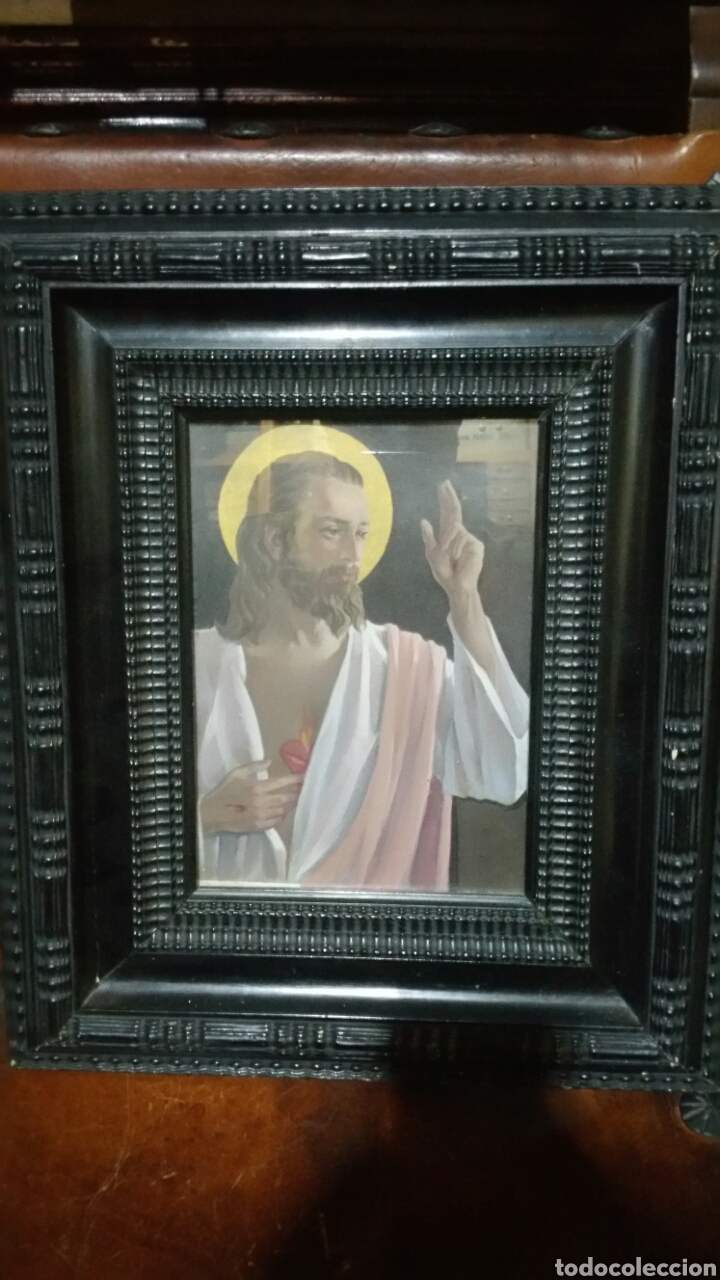 Arte: Pintura del Sagrado Coraz&oacute;n de Jes&uacute;s sobre cart&oacute;n principios de siglo 20