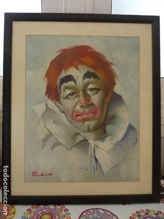 Arte: PINTURA A OLEO SOBRE TABLERO PAYASO. FIRMADO DEDICADO.MARCO58X48 35X44CM.