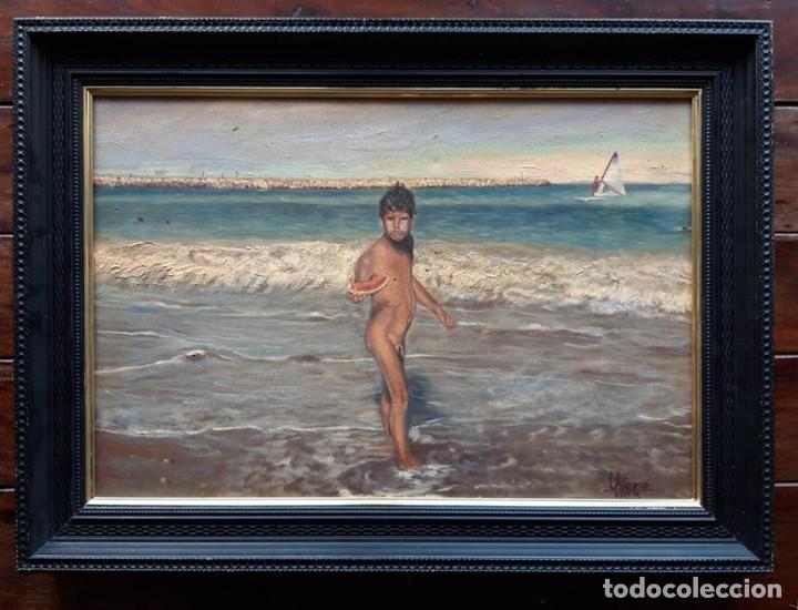 Art: Oleo Ni&ntilde;o en la playa. Firmado Usero 88
