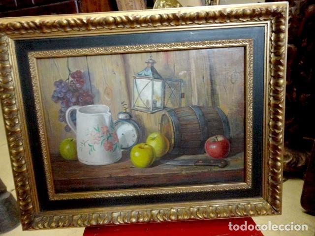 Arte: Cuadro antiguo bodegon manzanas y barril - Foto 1