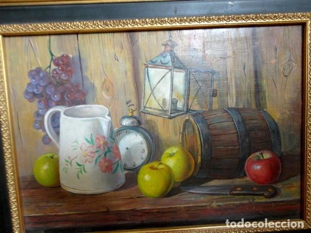 Arte: Cuadro antiguo bodegon manzanas y barril - Foto 2