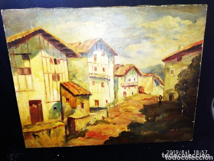 Arte: OLEO LIENZO PUEBLO FIRMADO TINA ANTIGUO VINTAGE