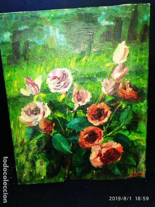 Art: OLEO SOBRE LIENZO FIRMADO J G M JGM FLORES CAMPO PRECIOSO