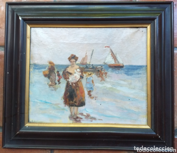 Arte: Escena de playa con barcos. Oleo sobre lienzo. Escuela valenciana
