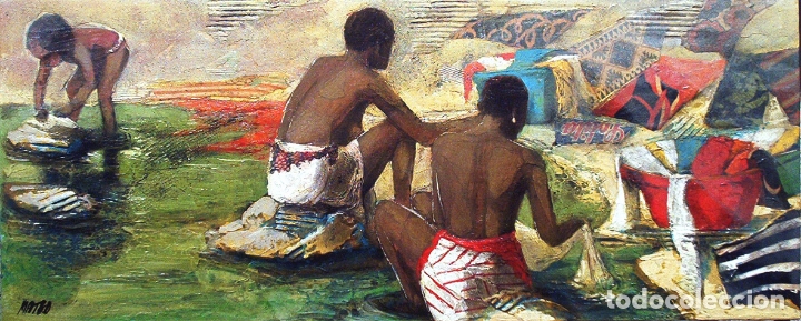 Arte: Mateo collage (lavando en el r&iacute;o 41x100 cms) - Foto 1