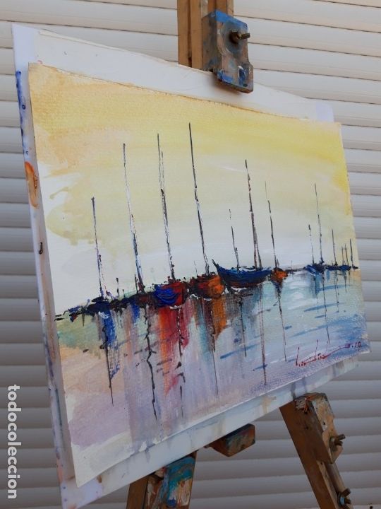 Arte: CUADRO AL ACRILICO SOBRE PAPEL ,,LOS BARCOS,, - Foto 6