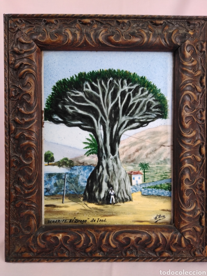 Arte: M.RICO / TENERIFE.EL DRAGO DE TEOD. CURIOSO Y ORIGINAL OLEO SOBRE AZULEJO &ndash; FIRMADO
