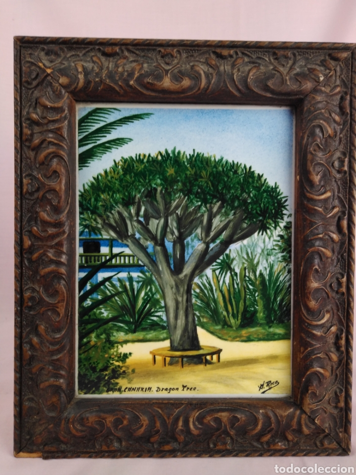 Arte: M.RICO / GRAN CANARIA.DRAG&Oacute;N TREE. CURIOSO Y ORIGINAL OLEO SOBRE AZULEJO &ndash; FIRMADO
