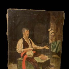 Antiguo óleo sobre lienzo de un jotero en un bar. Siglo XIX. 54x37