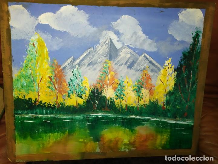 Arte: &Oacute;LEO SOBRE TABLA SIN FIRMA APARENTE LAGO MONTA&Ntilde;AS &Aacute;RBOLES BONITO