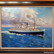 Arte: RICARDO QUIROGA BARCELONA 1.959 BUQUE SS REX ÓLEO DE GRAN FORMATO. Lote 190527688