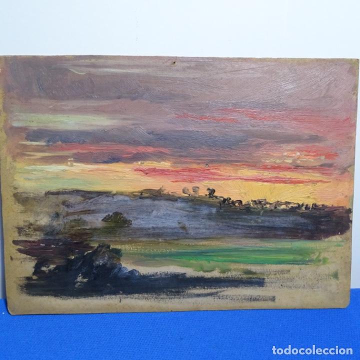 Arte: &Oacute;leo an&oacute;nimo sobre cart&oacute;n.puesta de sol. - Foto 1