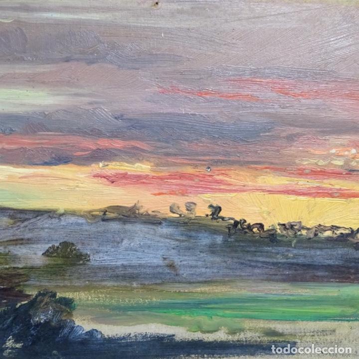 Arte: &Oacute;leo an&oacute;nimo sobre cart&oacute;n.puesta de sol. - Foto 2