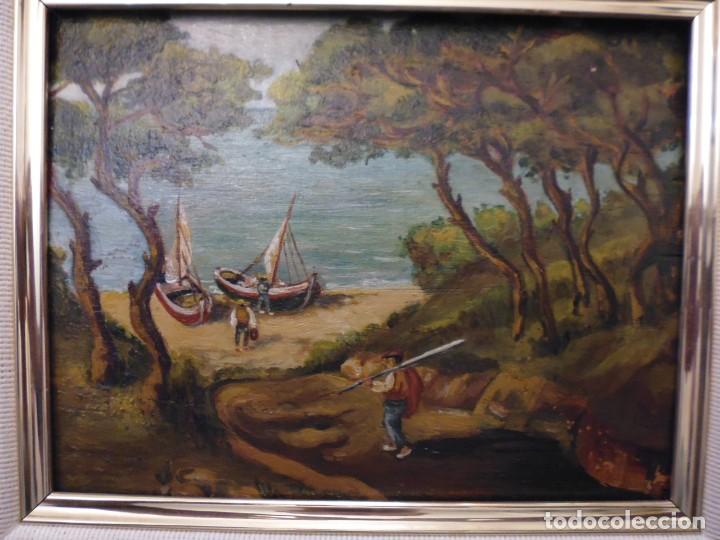 Arte: CALA DE PESCADORES, OLEO SOBRE TABLA,180X135 MM. ANONIMO,TOTAL 31X27 CON MARCO