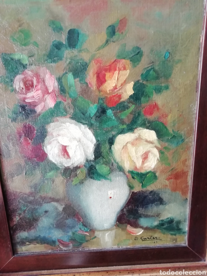 óleo sobre lienzo jarrón con flores, pintado y - Compra venta en  todocoleccion