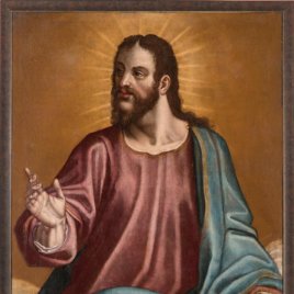 Óleo lienzo Cristo bendiciendo Escuela española siglo XVI