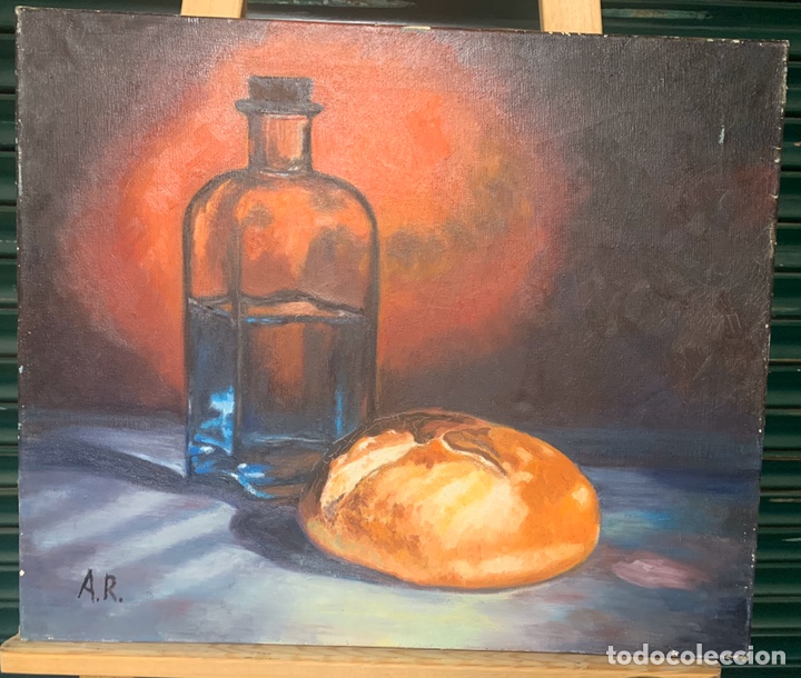 Arte: Firmado A.R., pan y botella de agua, 55x46 cm.