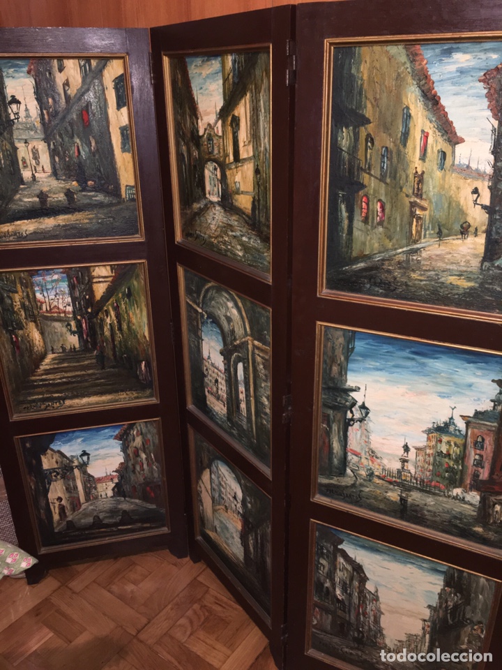 Arte: Espectacular biombo con NUEVE &oacute;leos sobre tabla de escenas de MADRID de FERM&Iacute;N SANTOS ALCALDE
