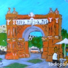 Barcelona increible:Partida de cartas en el Arco del Triunfo,óleo madera 30x40 cm. autor Crespo