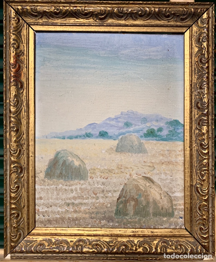 Arte: La mola (sant Lloren&ccedil; del munt) con pajares (garberes) sin firma, 25x34 cm obra.