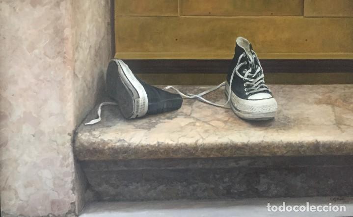 Arte: Genial pintura hiperrealista Carmen Gorbe. Bodeg&oacute;n&rdquo;Las zapatillas&rdquo; &Oacute;leo Hiperrealismo calidad Museo.