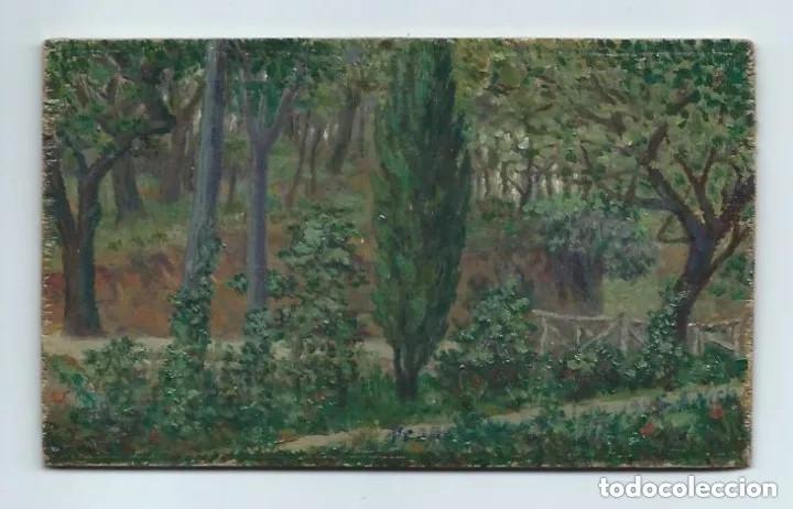 Arte: PEQUE&Ntilde;A TABLA, PINTADA POR LAS DOS CARAS. VISTA DE UN JARD&Iacute;N Y FIGURA FEMENINA. FIRMADA J.GARRIGA.