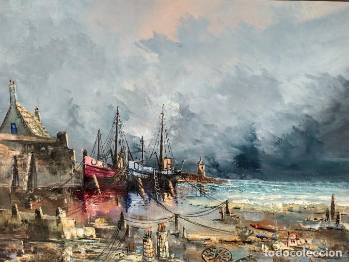 Arte: ESCUELA ESPA&Ntilde;OLA. PUERTO PESQUERO. &Oacute;LEO SOBRE LIENZO. FIRMADO.