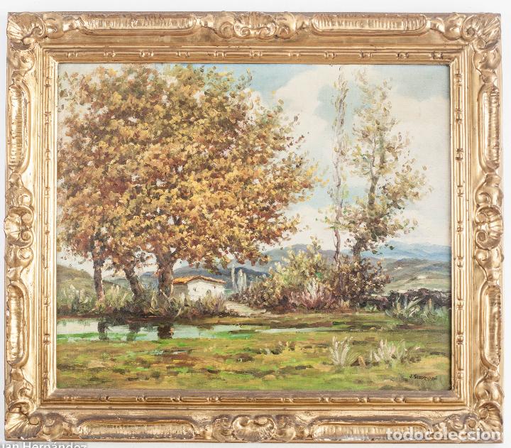 Arte: Josep Serrat Calv&oacute; - Gran &Oacute;leo sobre Lienzo - Paisaje Catal&aacute;n con Mas&iacute;a R&iacute;o - Marco Dorado de &Eacute;poca