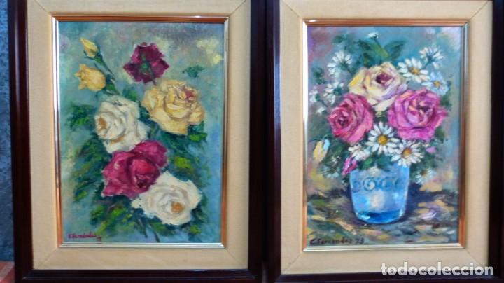 Arte: PAREJA OLEOS S/TABLEX. FLORES, E.FERNANDEZ,1973. 33X24, EN MARCO 43X35.