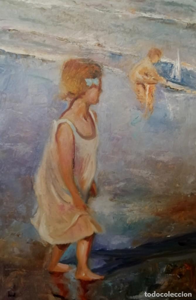 Arte: &Oacute;leo r&eacute;plica de Sorolla. Ni&ntilde;a en la playa - Foto 1