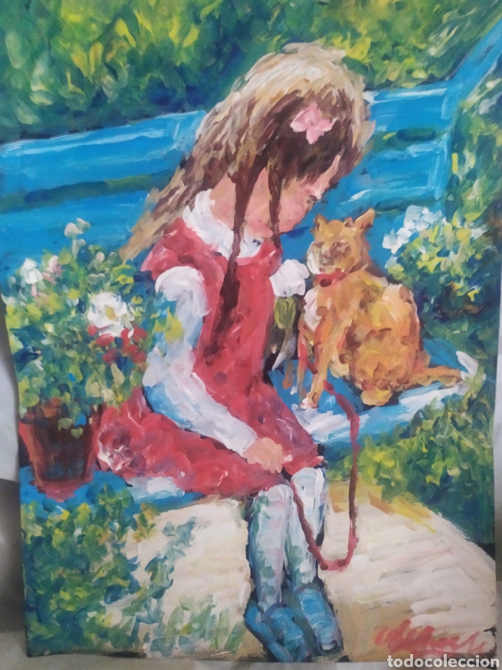Arte: Ni&ntilde;a junto a su gato (original) - Foto 1