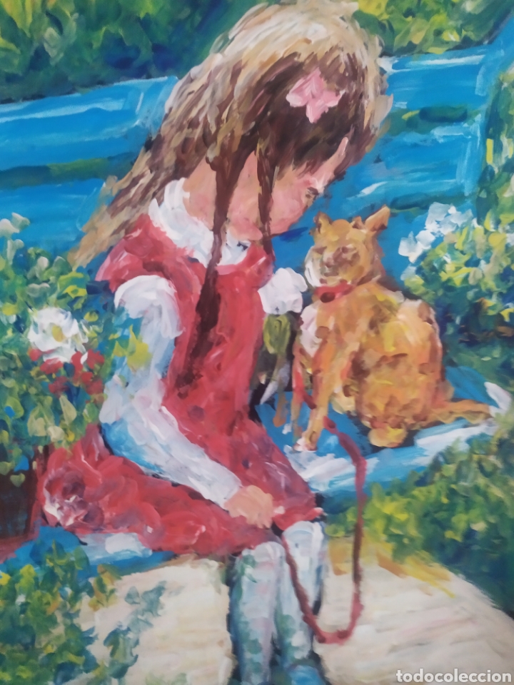 Arte: Ni&ntilde;a junto a su gato (original) - Foto 2