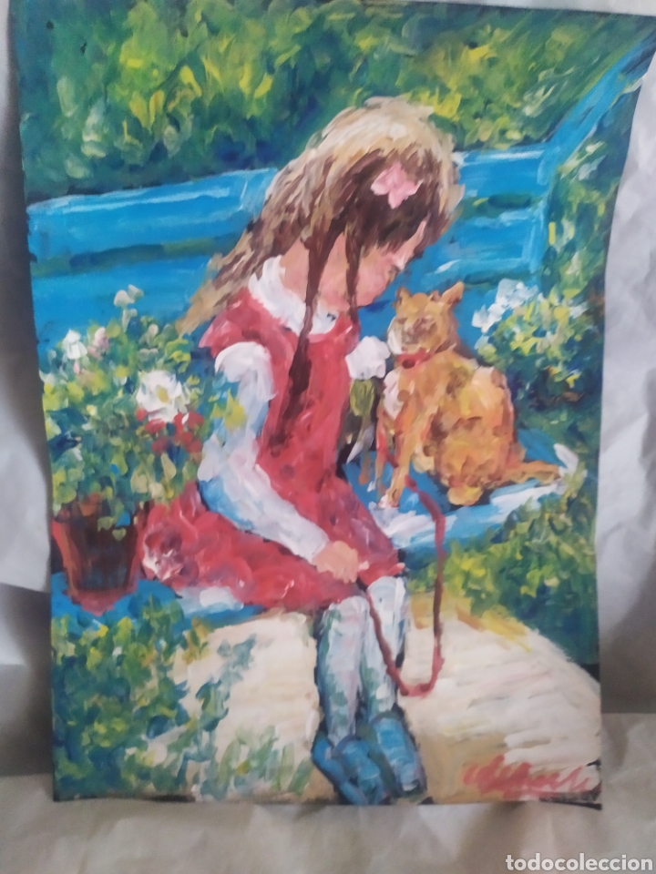 Arte: Ni&ntilde;a junto a su gato (original) - Foto 3