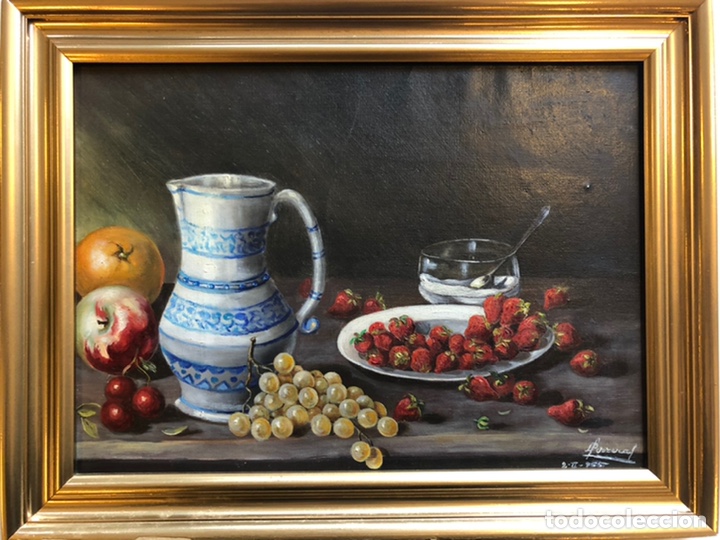 Arte: Antiguo &oacute;leo bodeg&oacute;n firmado y fechado a&ntilde;os 50 con sello galer&iacute;a arte Museo del Prado