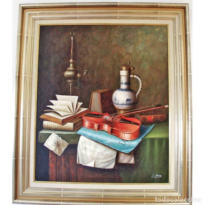 Arte: CUADRO OLEO BODEGON JARRA CERAMICA CON VIOLIN