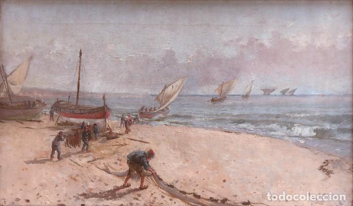 Arte: Escuela catalana del siglo XX Pescadores en la playa Óleo sobre lienzo - Foto 1 - 229482950
