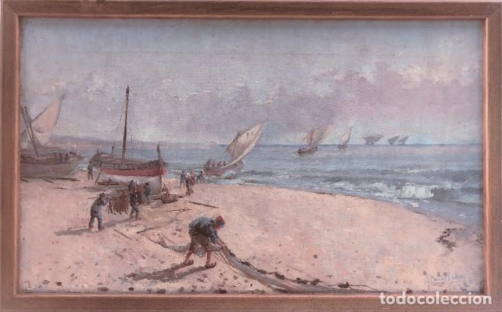 Arte: Escuela catalana del siglo XX Pescadores en la playa Óleo sobre lienzo - Foto 2 - 229482950