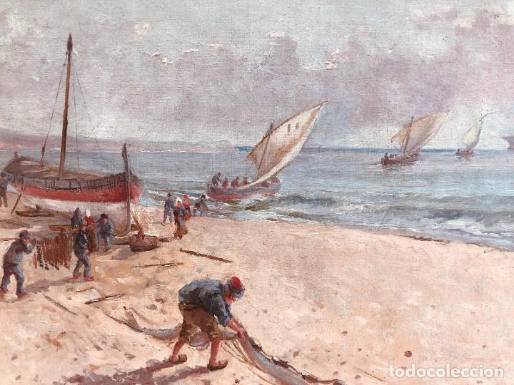 Arte: Escuela catalana del siglo XX Pescadores en la playa Óleo sobre lienzo - Foto 9 - 229482950