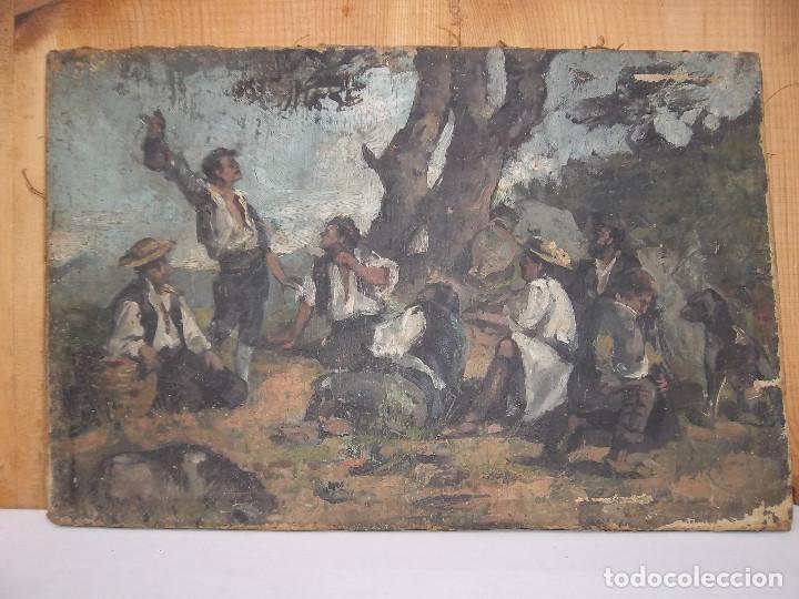 Arte: CUADRO AL OLEO COMIENDO EN EL CAMPO - Foto 1
