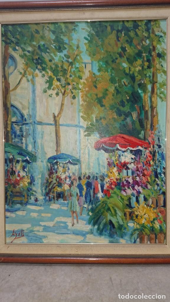 Arte: CUADRO OLEO SOBRE TELA FIRMA AYATS - PASEO RAMBLA DE BARCELONA FACHADA IGLESIA DEL CARMEN
