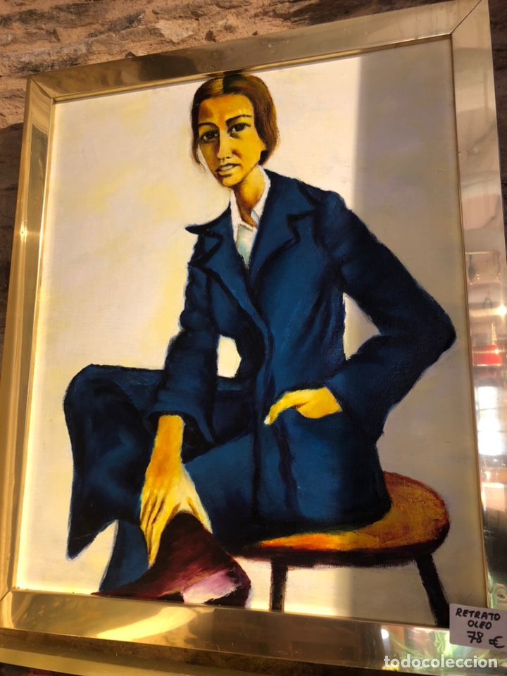 Arte: Antiguo cuadros retrato &oacute;leo Marco dorado en metal. Retro vintage