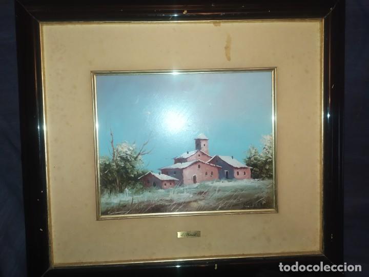 Arte: ANTIGUO &Oacute;LEO ENMARCADO PAISAJE CASAS PUEBLO FIRMADO A BORRELL PRECIOSO