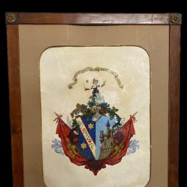Antiguo cuadro, pintura con escudo de armas de familia noble. XIX. Marco fernandino. 83x67