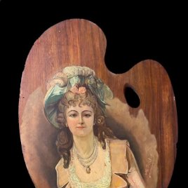 Antiguo retrato de mujer, dama en paleta de pintor de nogal, óleo. XIX. 43x32. Firmada