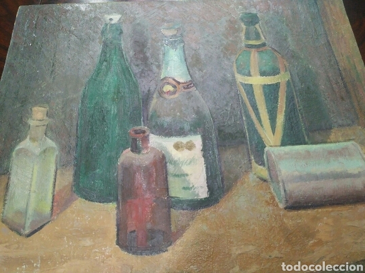 Arte: Cuadro al &oacute;leo sobre tabla. Bodeg&oacute;n con botellas - Foto 2