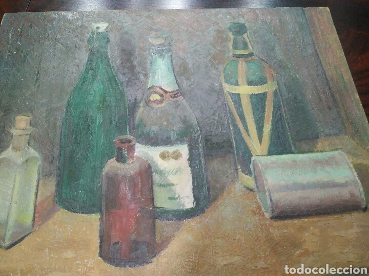 Arte: Cuadro al &oacute;leo sobre tabla. Bodeg&oacute;n con botellas - Foto 5